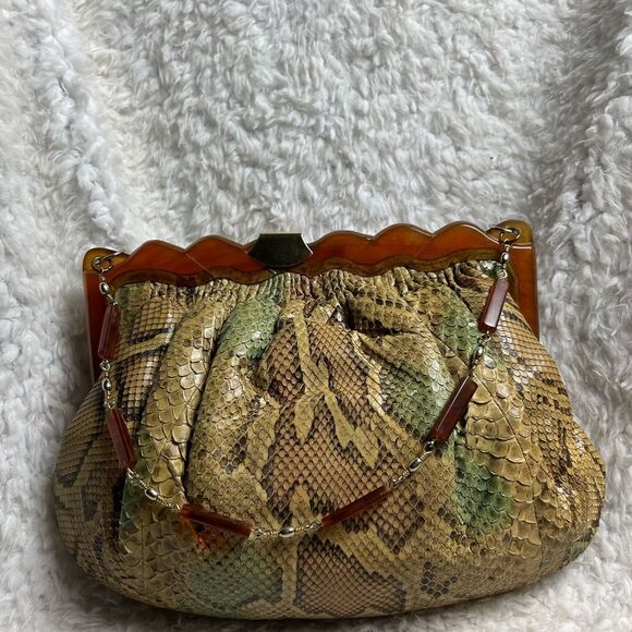 Vintage Colombetti Milano  Python snake skin shoulder Bag Lucite frame - Picture 7 of 14